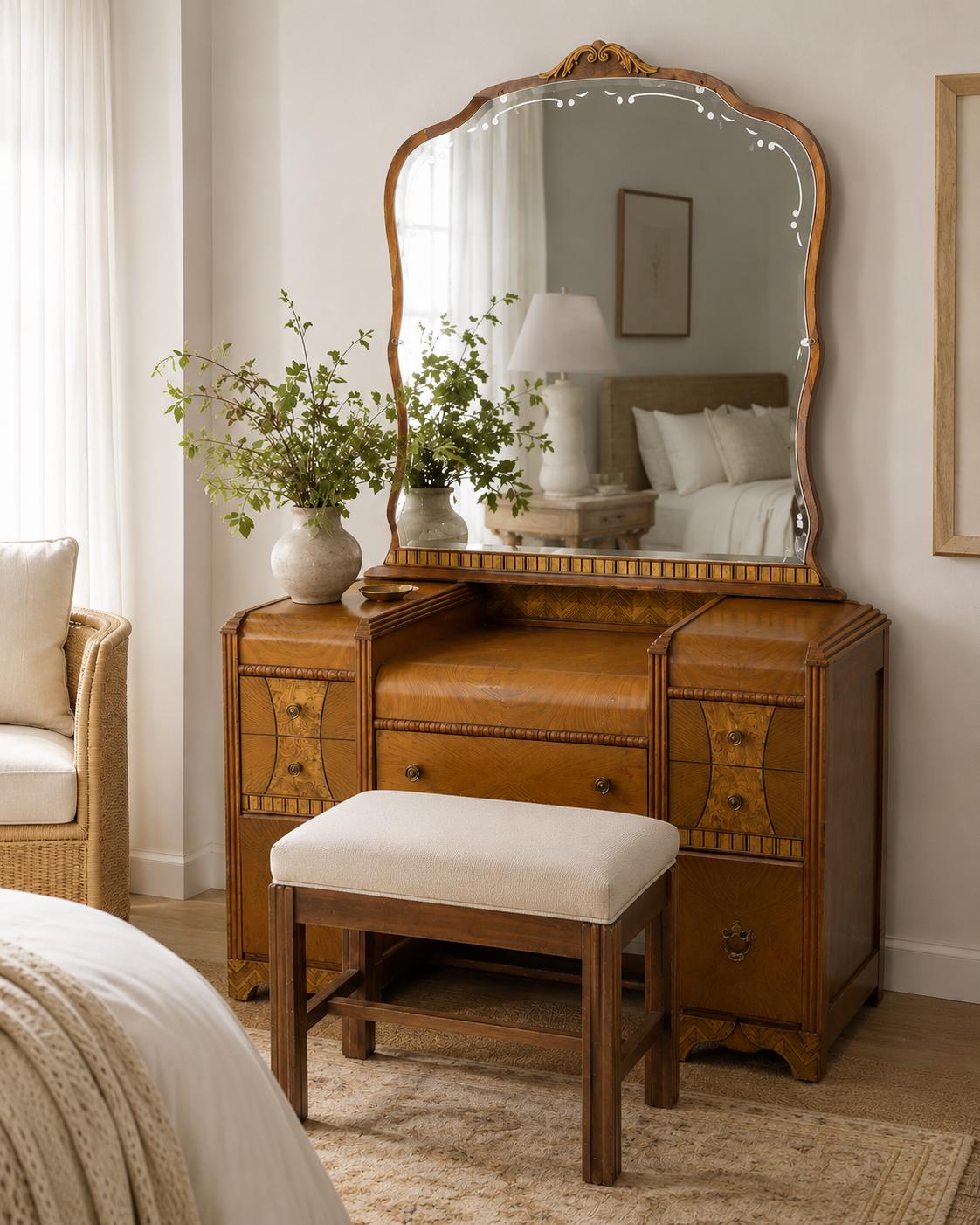 Antique Art Deco Waterfall Vanity with Mirror & Linen Bench – Boselli Vintage