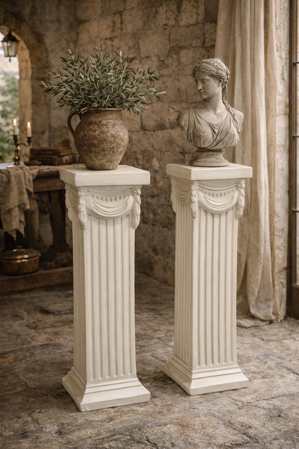 Antique pair of Column Pillar Pedestals in the Grecian Roman Neoclassical Style