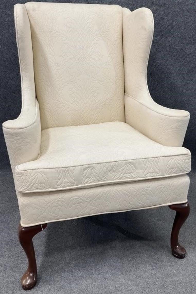 Vintage Hickory Wingback Chair – Cream Upholstered – Queen Anne Legs – Classic English Style Accent Chair