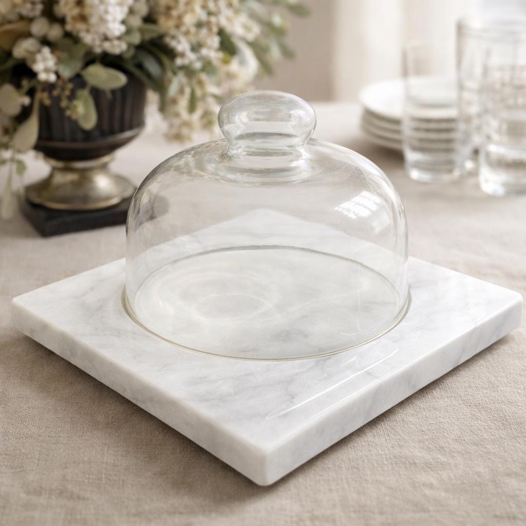 Vintage Marble Cheese Board with Glass Cloche — Italian Villa Serving Platter — Antique Kitchen Decor