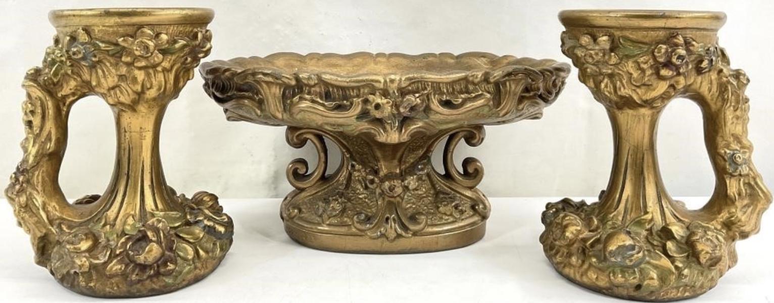 Antique Gilt Syroco Mantle Set – Rococo Bowl & Candle Holders