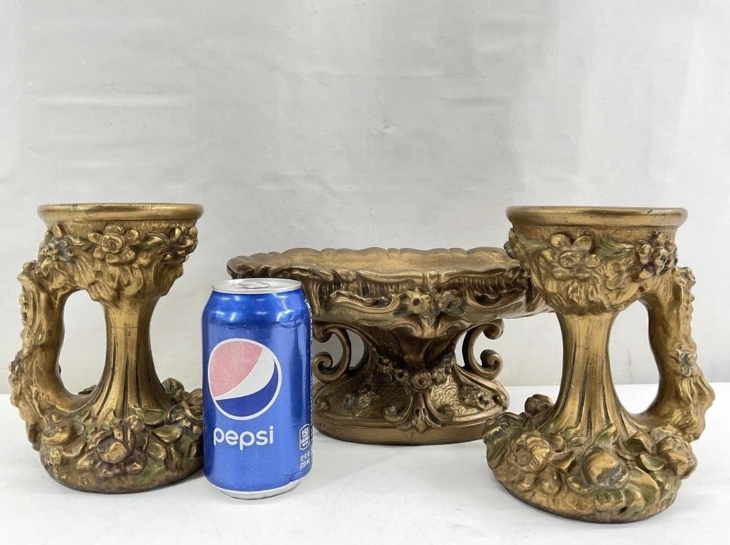 Antique Gilt Syroco Mantle Set – Rococo Bowl & Candle Holders