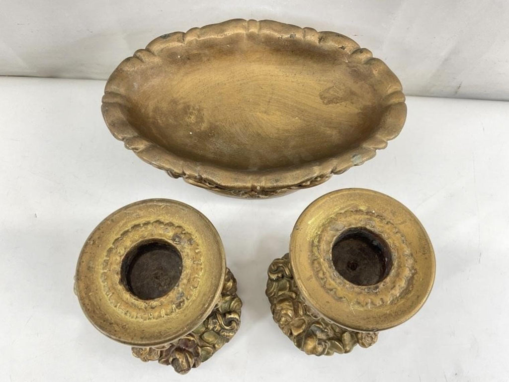 Antique Gilt Syroco Mantle Set – Rococo Bowl & Candle Holders