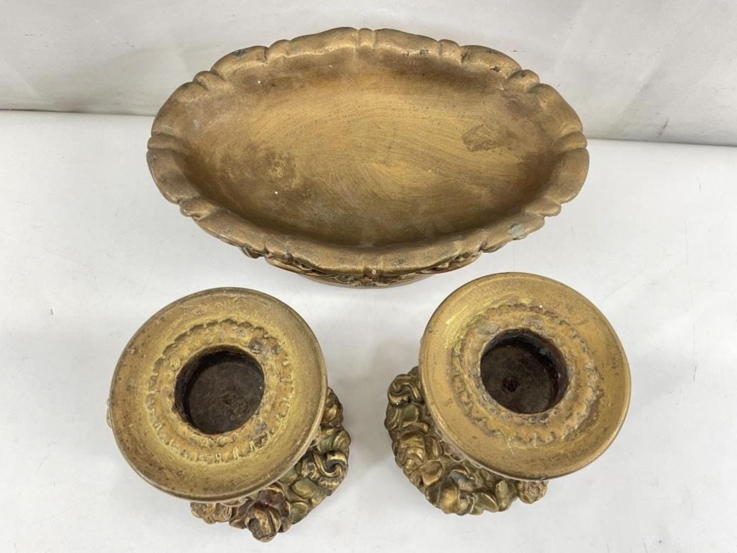 Antique Gilt Syroco Mantle Set – Rococo Bowl & Candle Holders