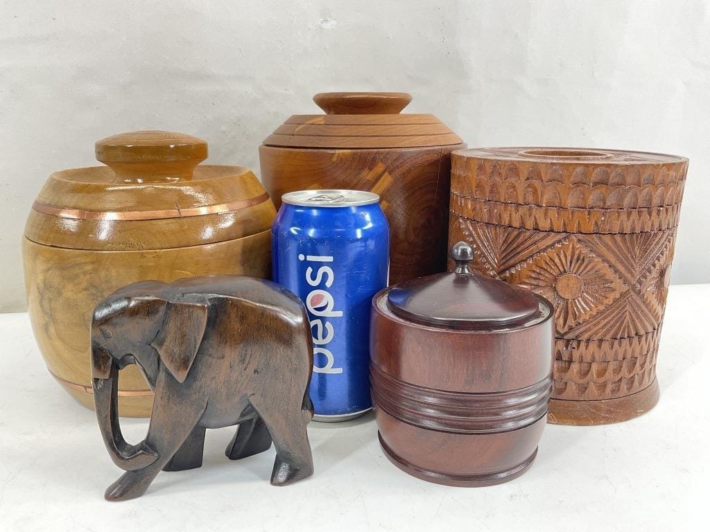 Vintage Wood Canister Set: Thai Tissue Box & Artisan Lidded Jars