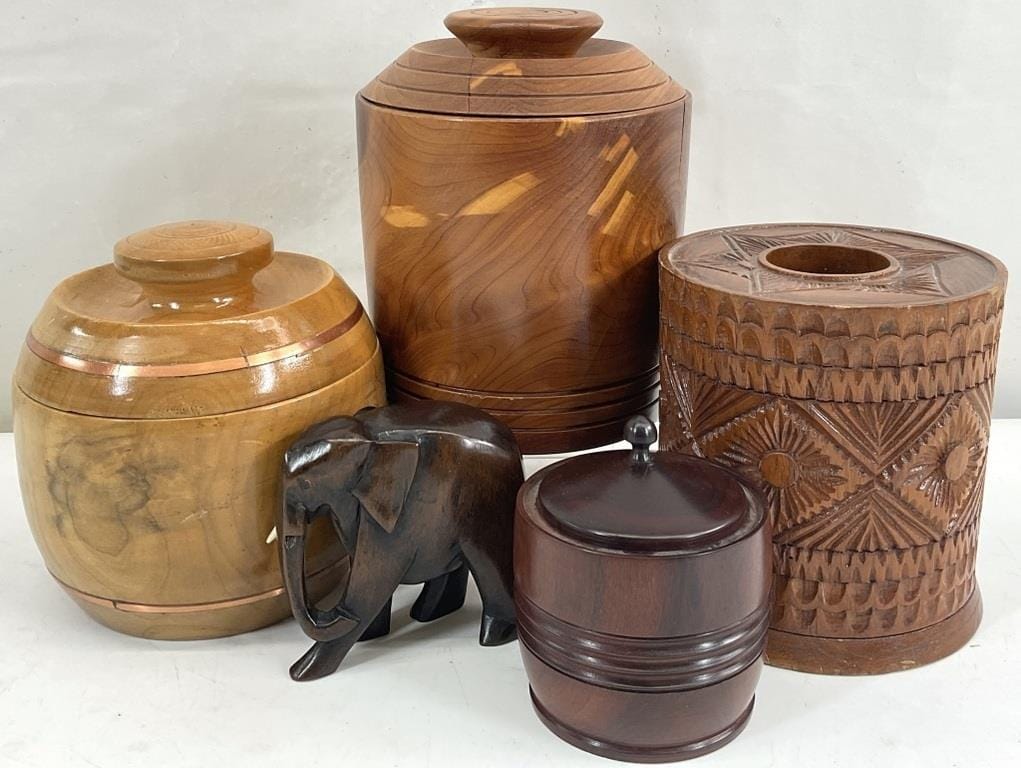 Vintage Wood Canister Set: Thai Tissue Box & Artisan Lidded Jars