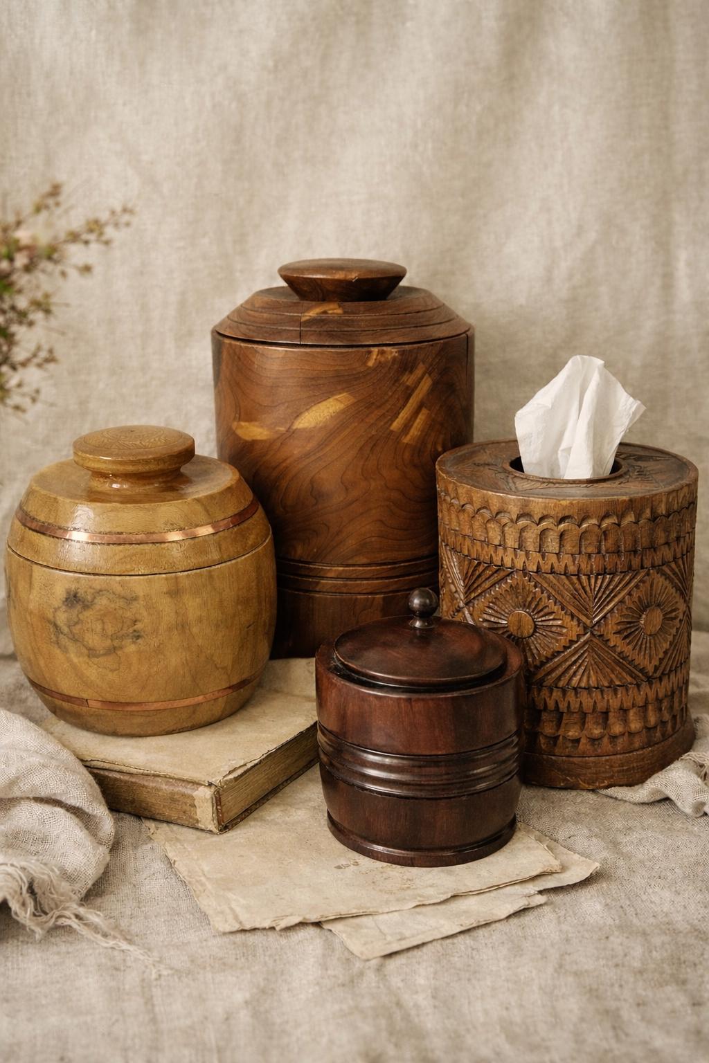 Vintage Wood Canister Set: Thai Tissue Box & Artisan Lidded Jars