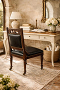 Antique English Leather Library Chair with Wooden Casters | Carved Mahogany Desk or Reading Chair