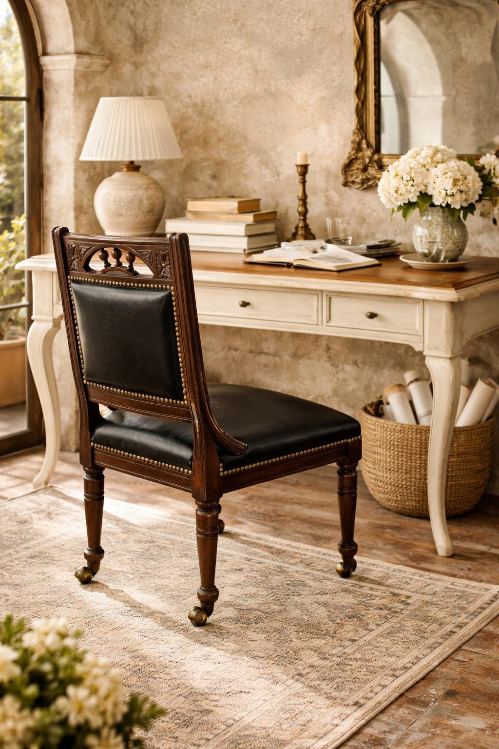 Antique English Leather Library Chair with Wooden Casters | Carved Mahogany Desk or Reading Chair