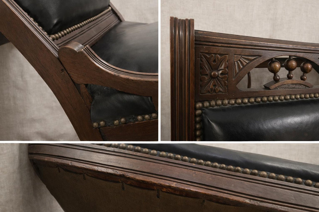 Antique English Leather Library Chair with Wooden Casters | Carved Mahogany Desk or Reading Chair