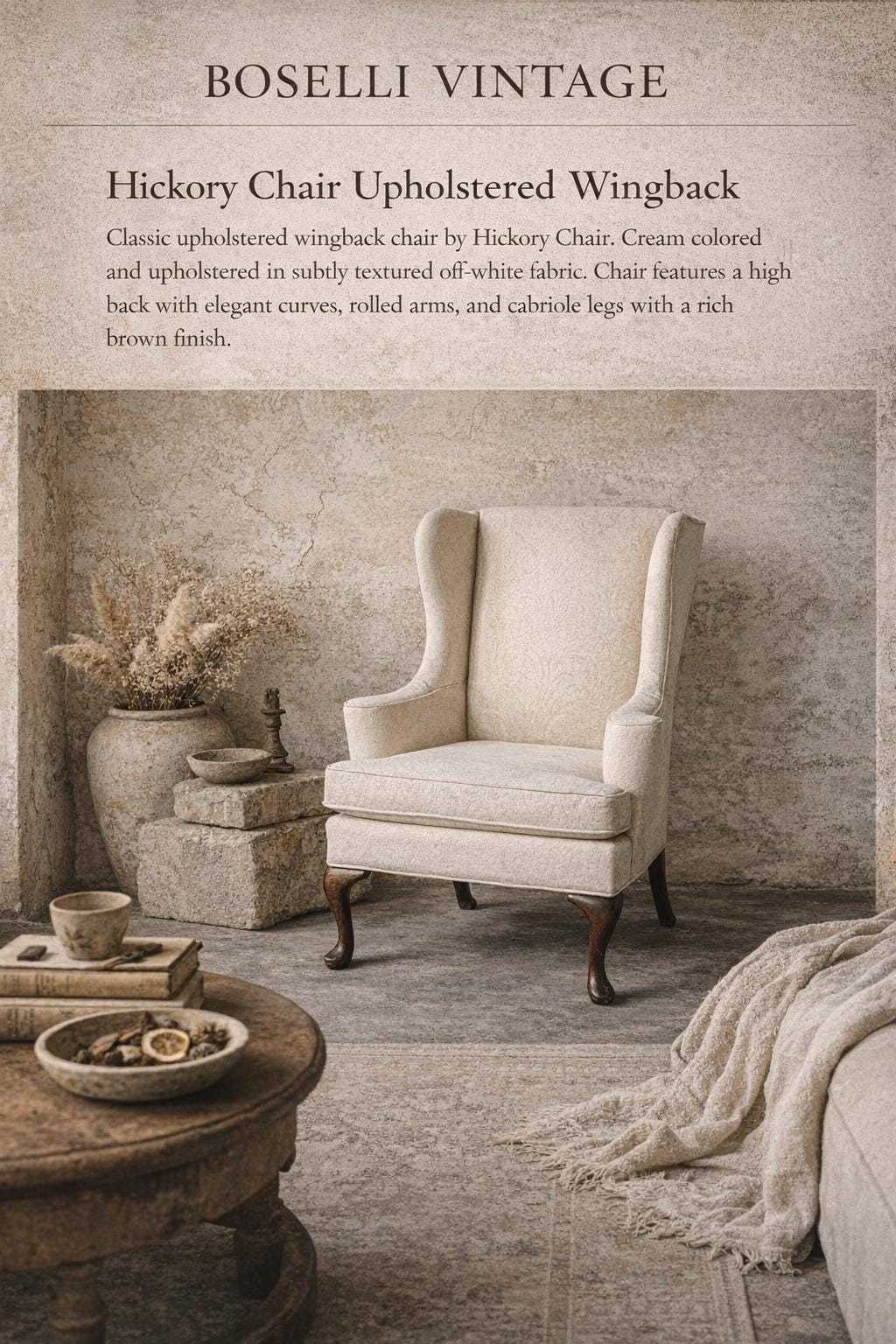 Vintage Hickory Wingback Chair – Cream Upholstered – Queen Anne Legs – Classic English Style Accent Chair