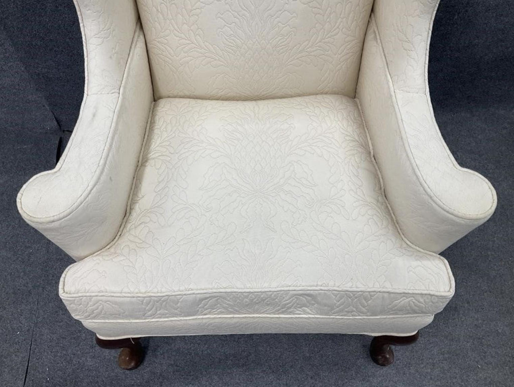 Vintage Hickory Wingback Chair – Cream Upholstered – Queen Anne Legs – Classic English Style Accent Chair