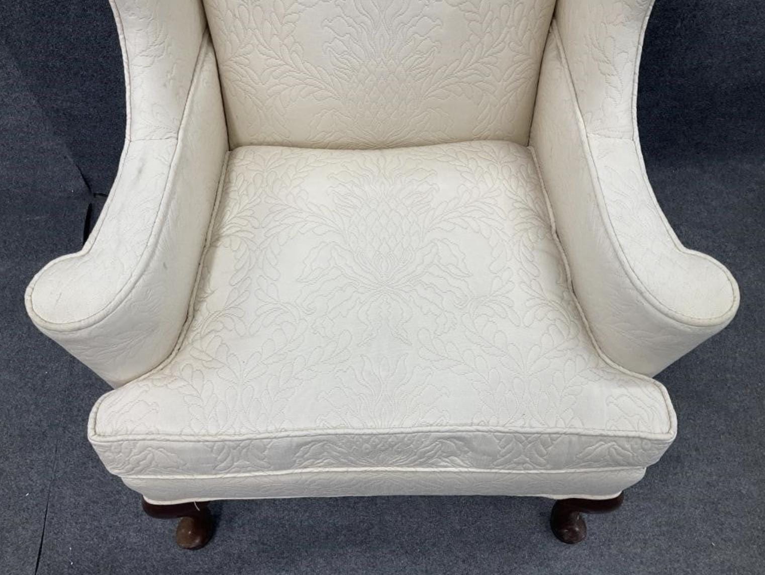 Vintage Hickory Wingback Chair – Cream Upholstered – Queen Anne Legs – Classic English Style Accent Chair