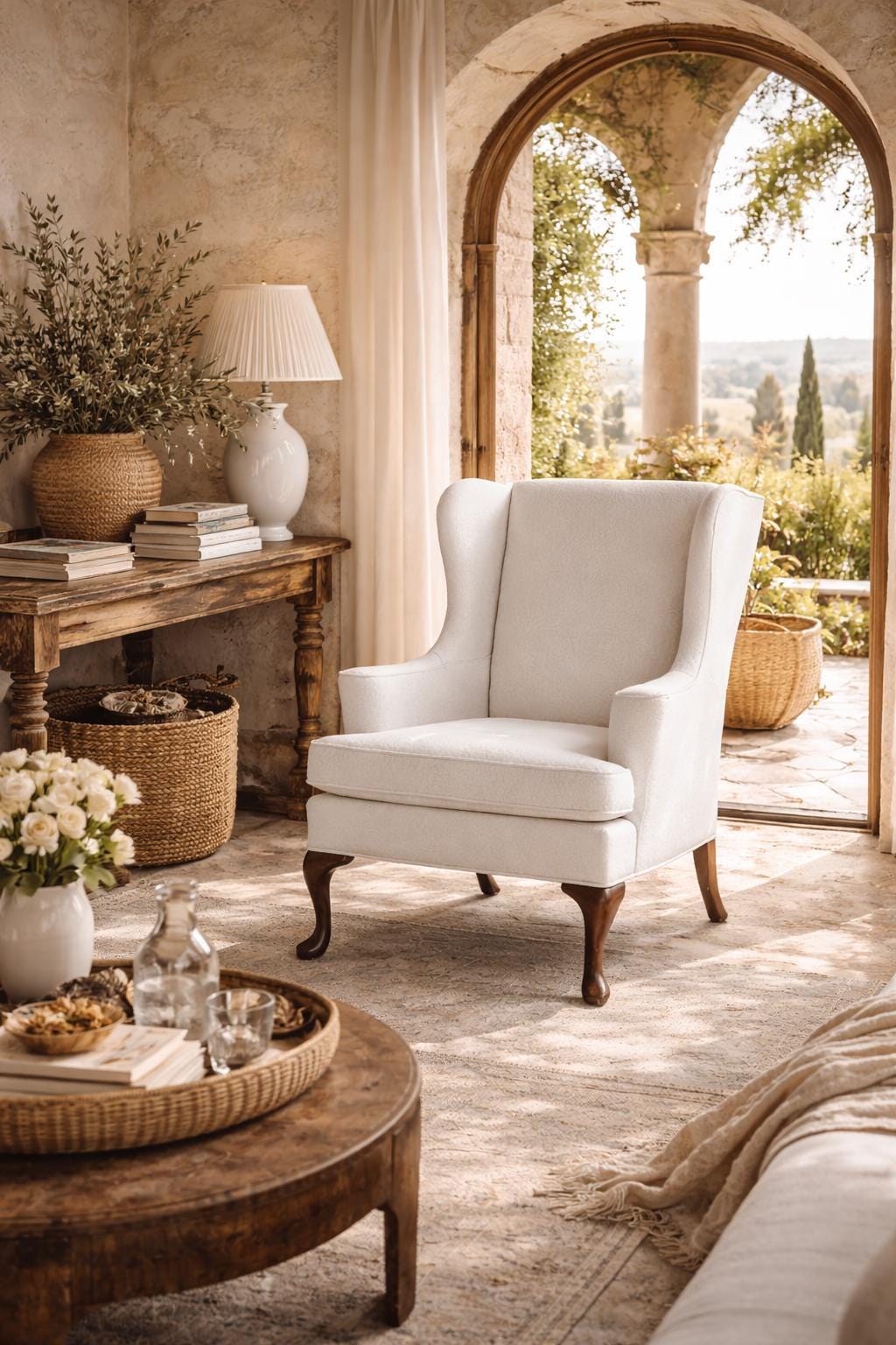 Vintage Hickory Wingback Chair – Cream Upholstered – Queen Anne Legs – Classic English Style Accent Chair