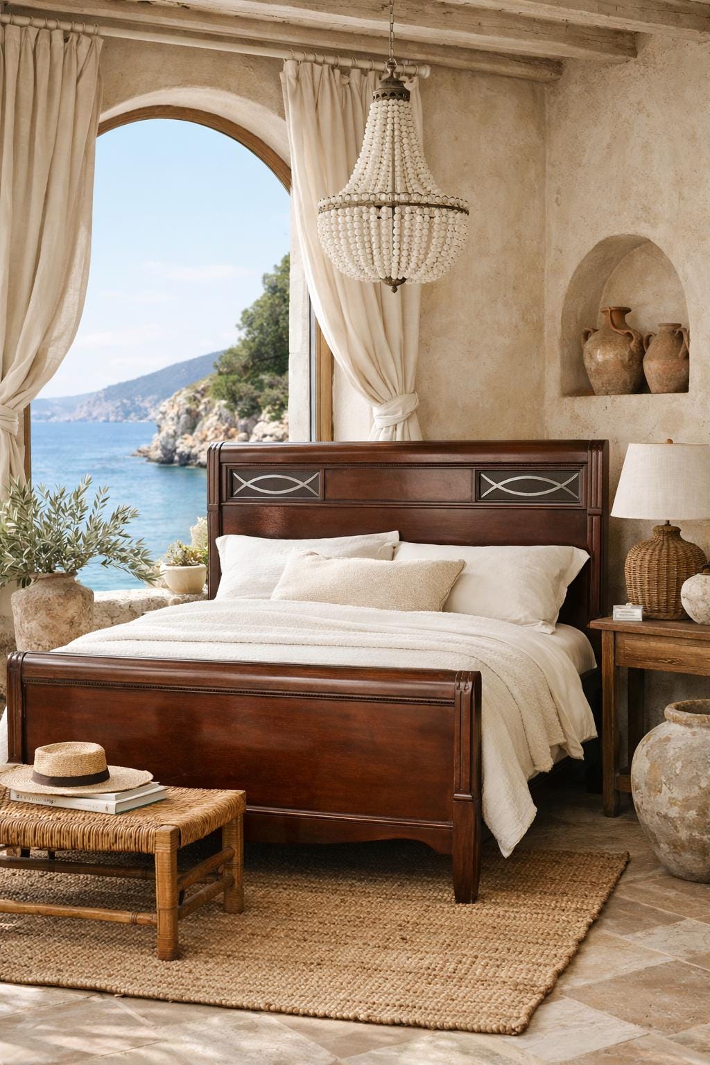 Antique Mahogany Full Size Bed, Art Deco Inlay Headboard, c. 1920-1930