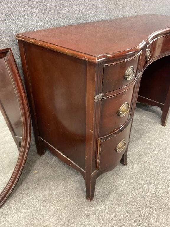 Antique Serpentine Mahogany Vanity Set | Includes Floral Bench