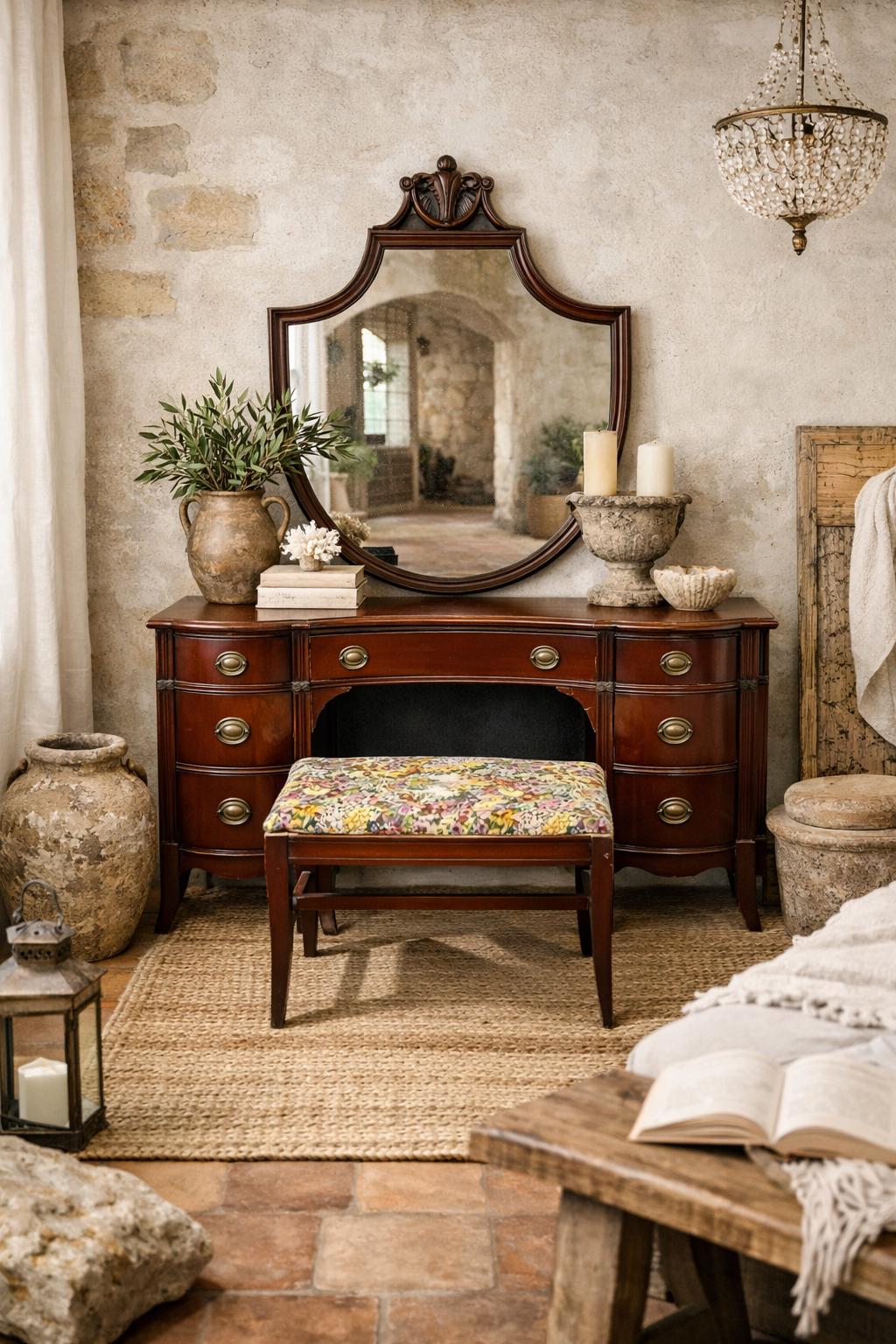 Antique Serpentine Mahogany Vanity Set | Includes Floral Bench