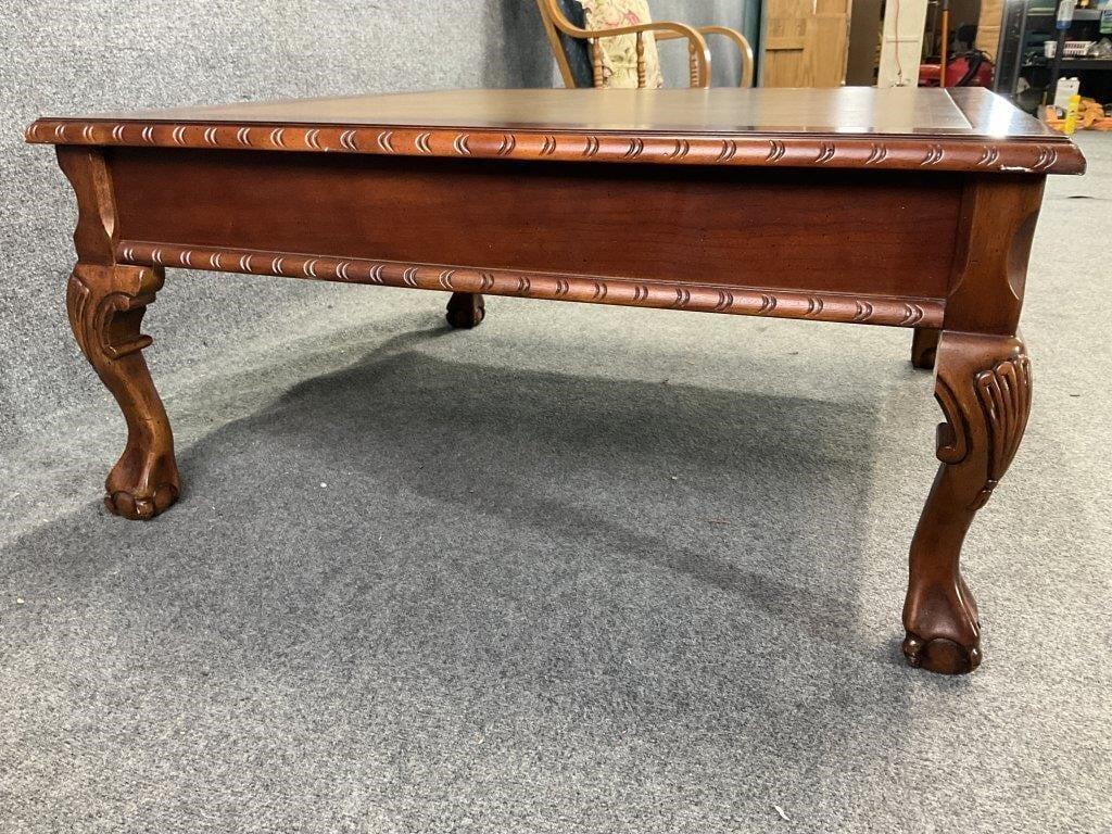 English Georgian Revival Ball and Claw Coffee Table | Faux Leather-Top Library Table | Mid-Century Traditional