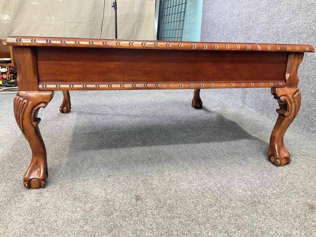 English Georgian Revival Ball and Claw Coffee Table | Faux Leather-Top Library Table | Mid-Century Traditional