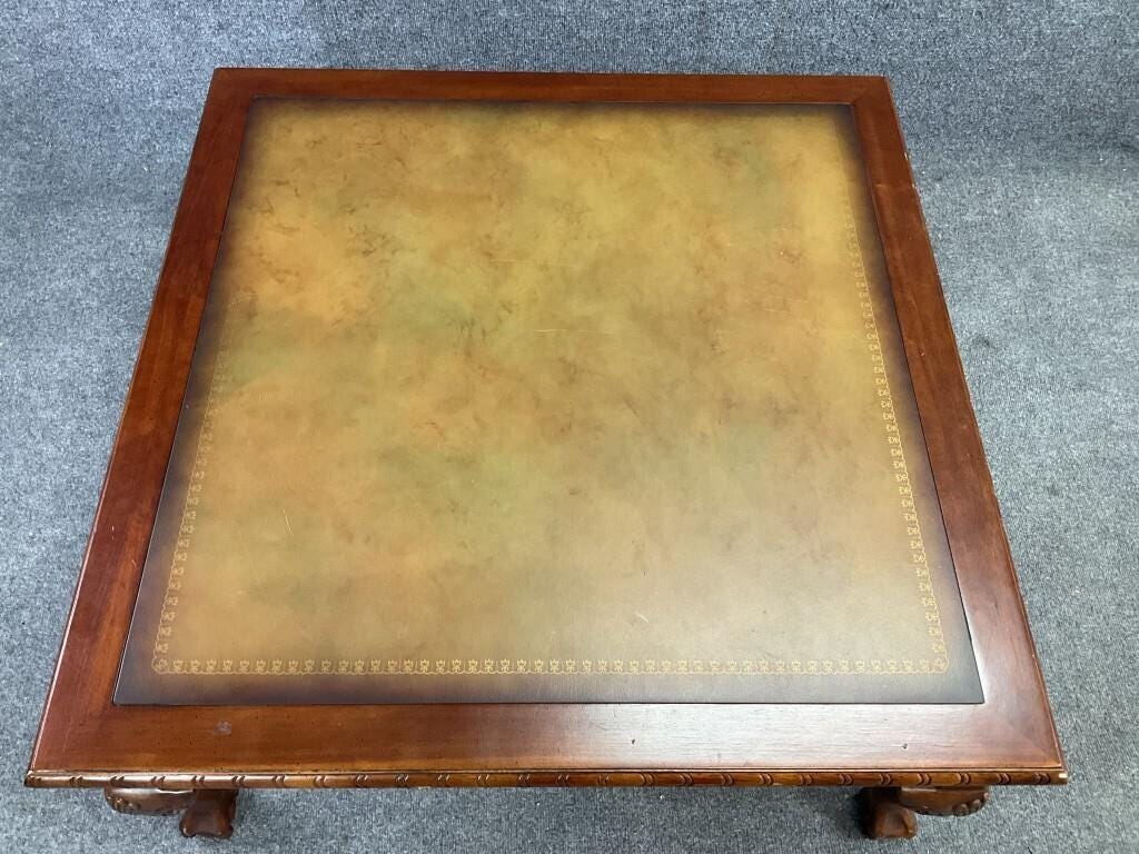 English Georgian Revival Ball and Claw Coffee Table | Faux Leather-Top Library Table | Mid-Century Traditional