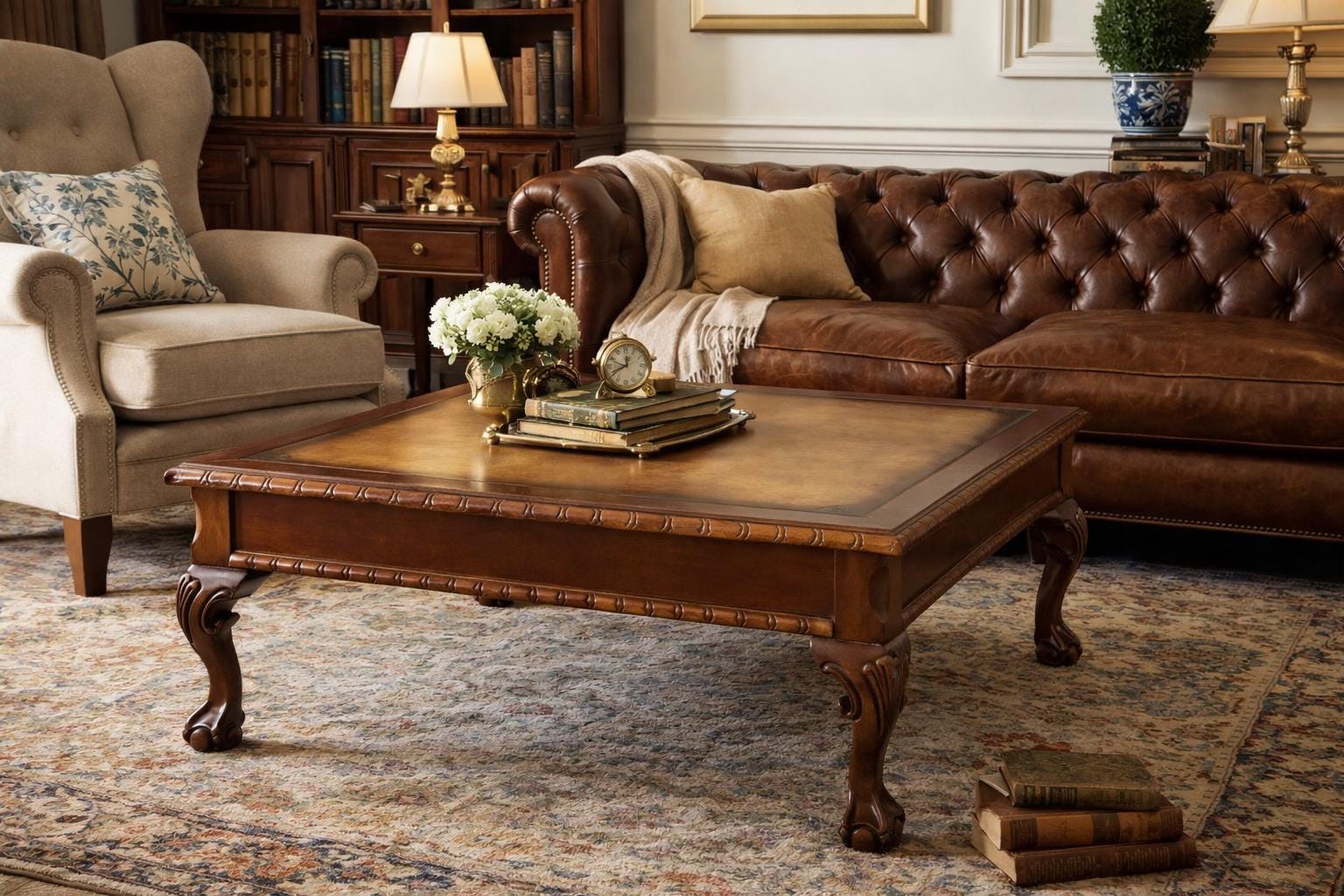 English Georgian Revival Ball and Claw Coffee Table | Faux Leather-Top Library Table | Mid-Century Traditional