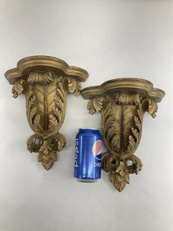Victorian Giltwood Wall Bracket Shelves, Antique Acanthus Corbels, Pair