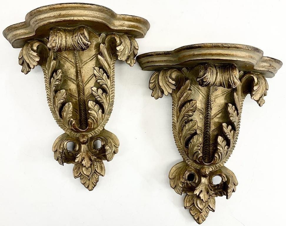 Victorian Giltwood Wall Bracket Shelves, Antique Acanthus Corbels, Pair