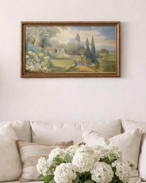 Antique European Landscape Lithograph, c. Early 1900s – Pastoral Garden Scene with Cypress Trees, Gilt Frame