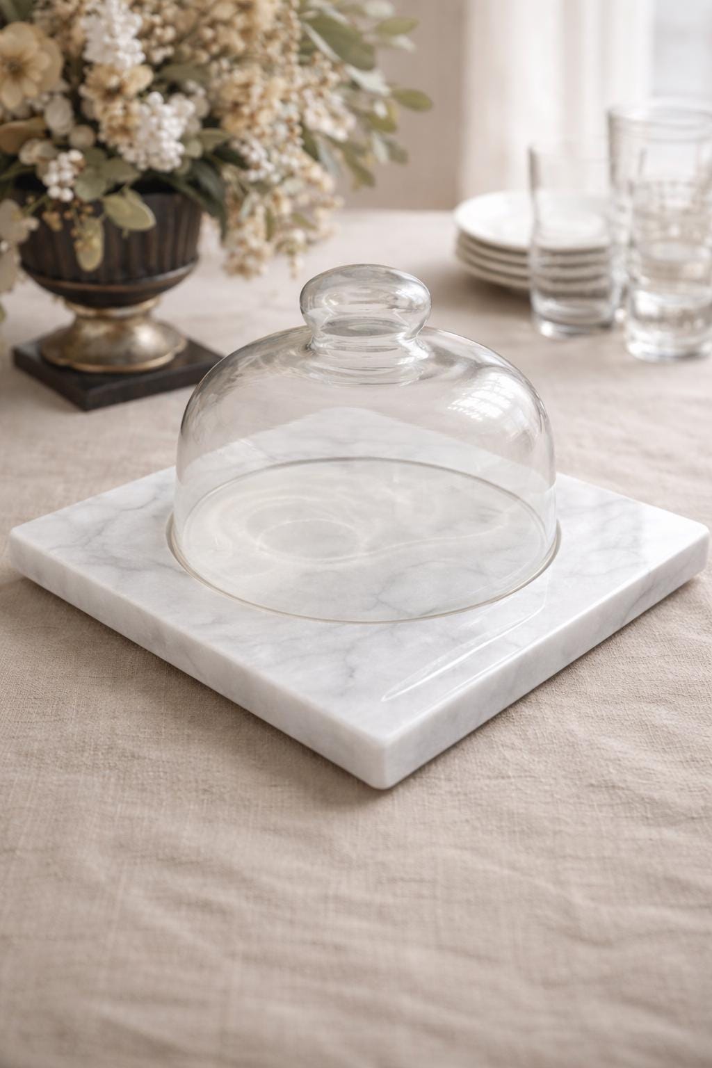 Vintage Marble Cheese Board with Glass Cloche — Italian Villa Serving Platter — Antique Kitchen Decor