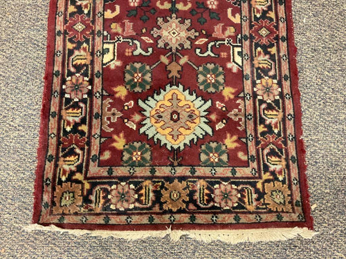 1970s Hand-Knotted Wool Runner Rug • Red Oriental Medallion Design
