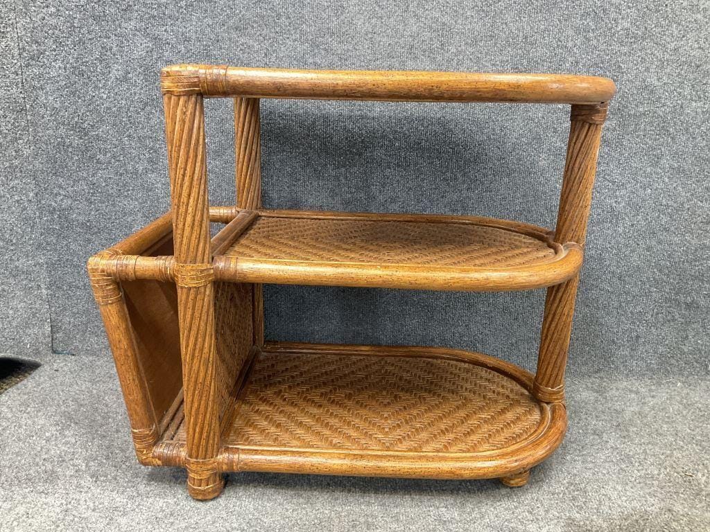 Vintage Rattan Side Table | Two-Tier Woven Shelf Nightstand