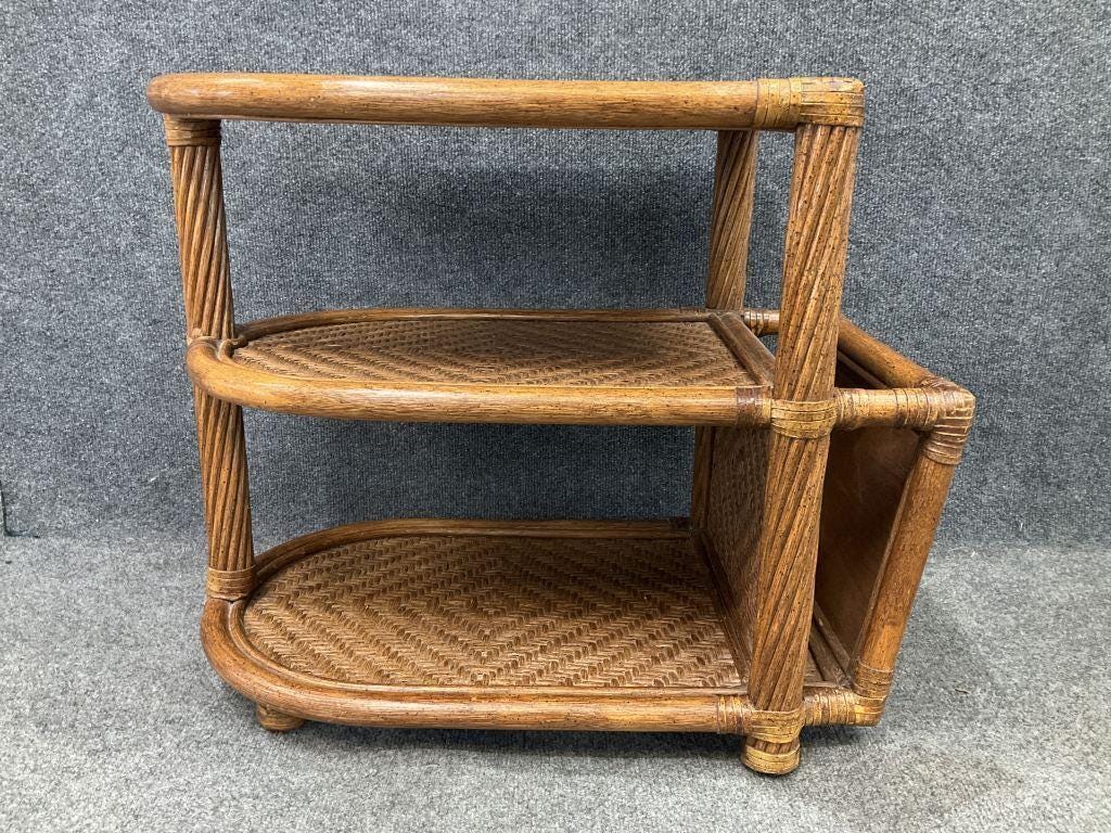 Vintage Rattan Side Table | Two-Tier Woven Shelf Nightstand