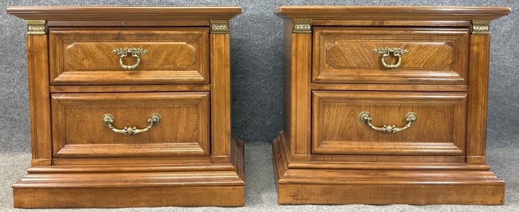 Vintage Stanley Regency Nightstands – Solid Wood Bedside Tables, Brass Hardware