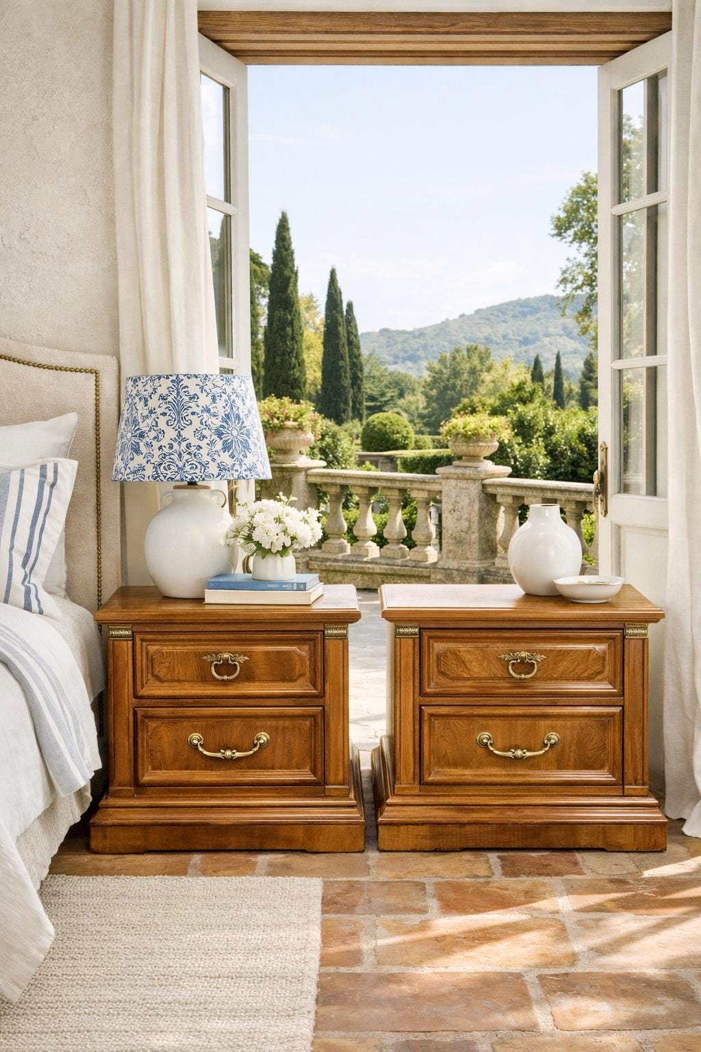 Vintage Stanley Regency Nightstands – Solid Wood Bedside Tables, Brass Hardware