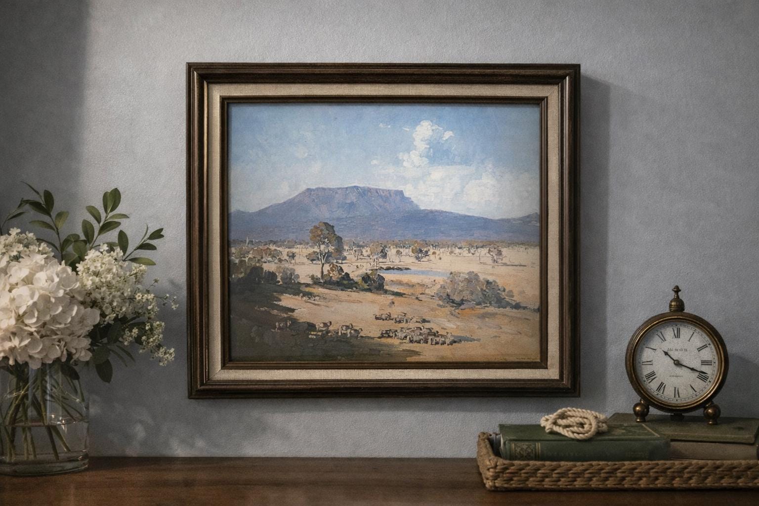 Vintage Framed Western Landscape Print – Mountain Pastoral Scene – Mid Century Wall Art