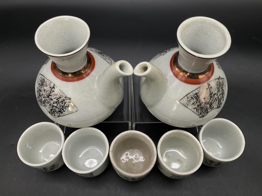Vintage Japanese Sake Set – Crackle Glaze Ceramic Tokkuri & Cups
