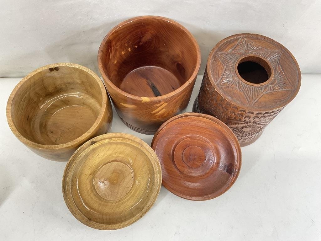 Vintage Wood Canister Set: Thai Tissue Box & Artisan Lidded Jars