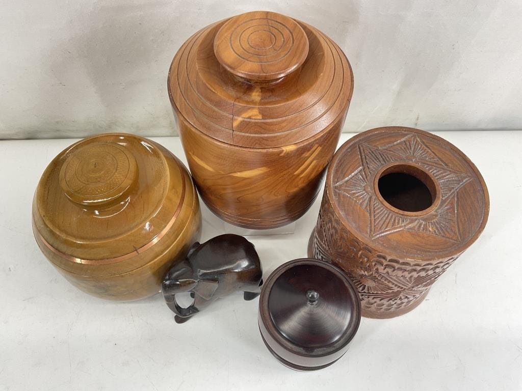 Vintage Wood Canister Set: Thai Tissue Box & Artisan Lidded Jars