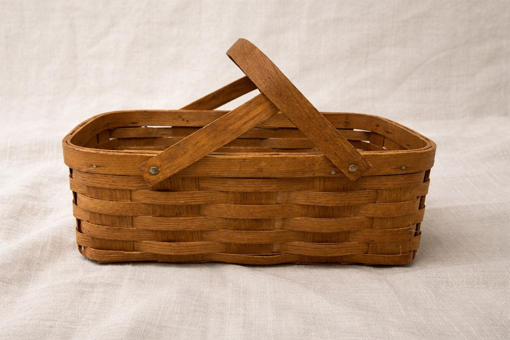 Vintage Handwoven Wood Splint Basket – Rustic Farmhouse Tray with Folding Handles