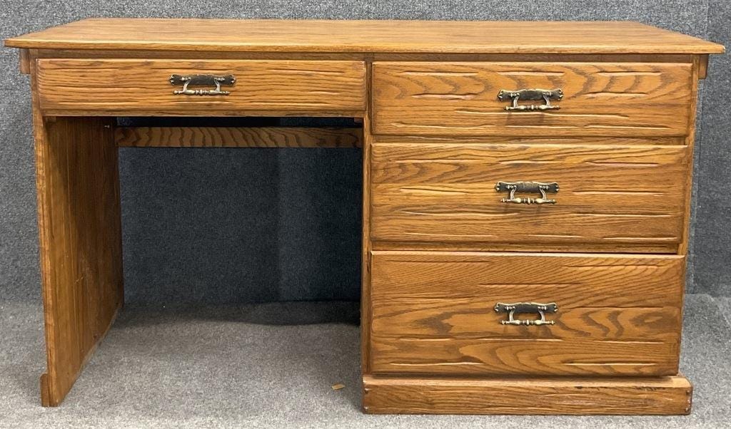 Vintage 1980s Oak Kneehole Desk – Traditional Solid Wood Writing Desk