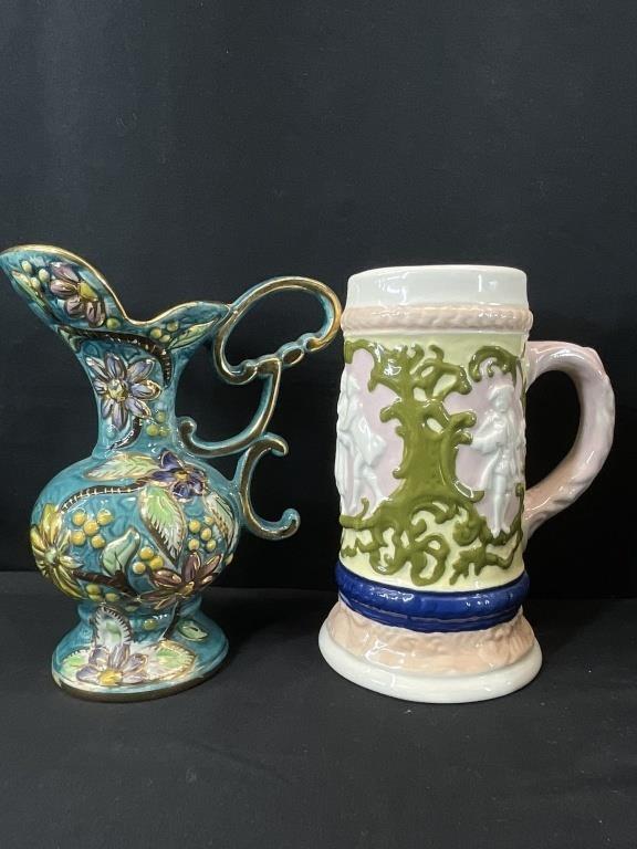 Mid-Century Figural Beer Steins | 1950s European Ceramic Tavern Mugs, Pair