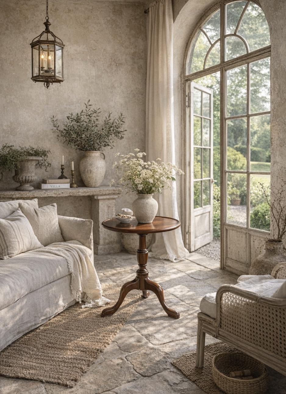 May include: A serene interior scene with a neutral color palette. A small, round, dark wood table stands in front of a window. A sofa, rug, and decorative vases with greenery and flowers complete the space. A hanging lantern provides soft lighting.