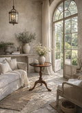 May include: A serene interior scene with a neutral color palette. A small, round, dark wood table stands in front of a window. A sofa, rug, and decorative vases with greenery and flowers complete the space. A hanging lantern provides soft lighting.