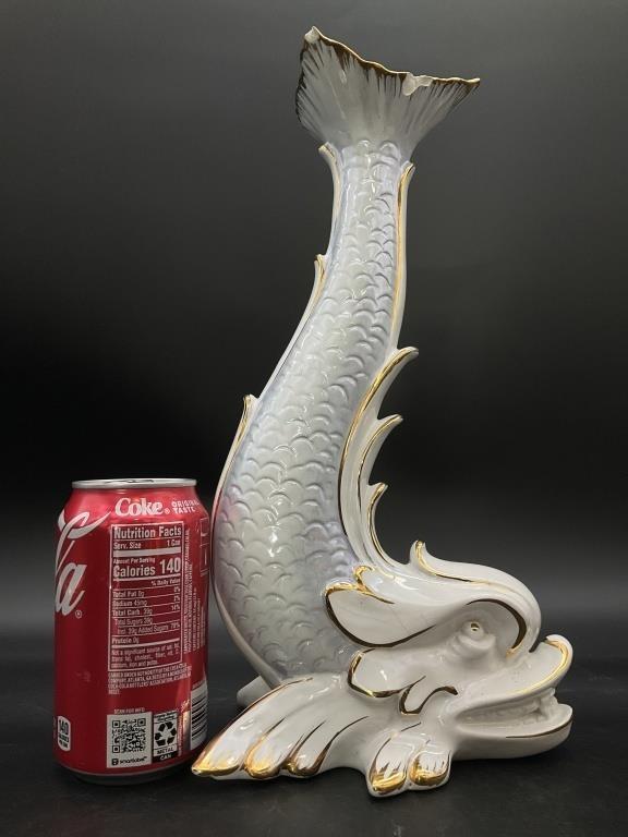 Vintage Mid-Century Italian Ceramic Dolphin Vase | White & Gold Sculptural Sea Figure