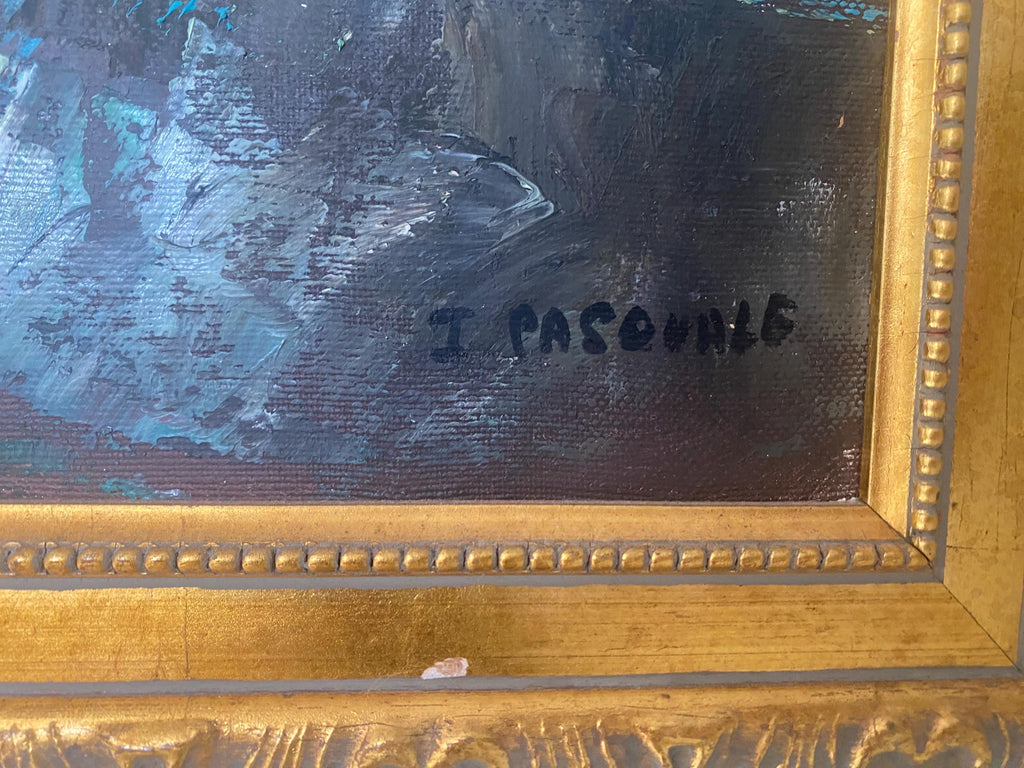 Vintage Italian Riviera Oil Painting, Mediterranean Seascape, Gold Frame, 36x48