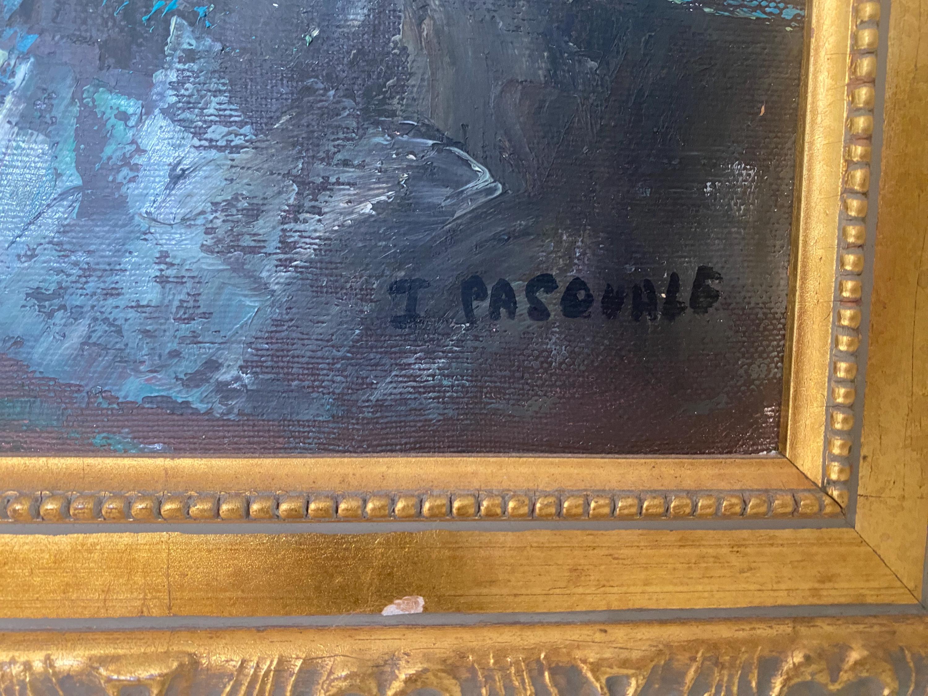 Vintage Italian Riviera Oil Painting, Mediterranean Seascape, Gold Frame, 36x48
