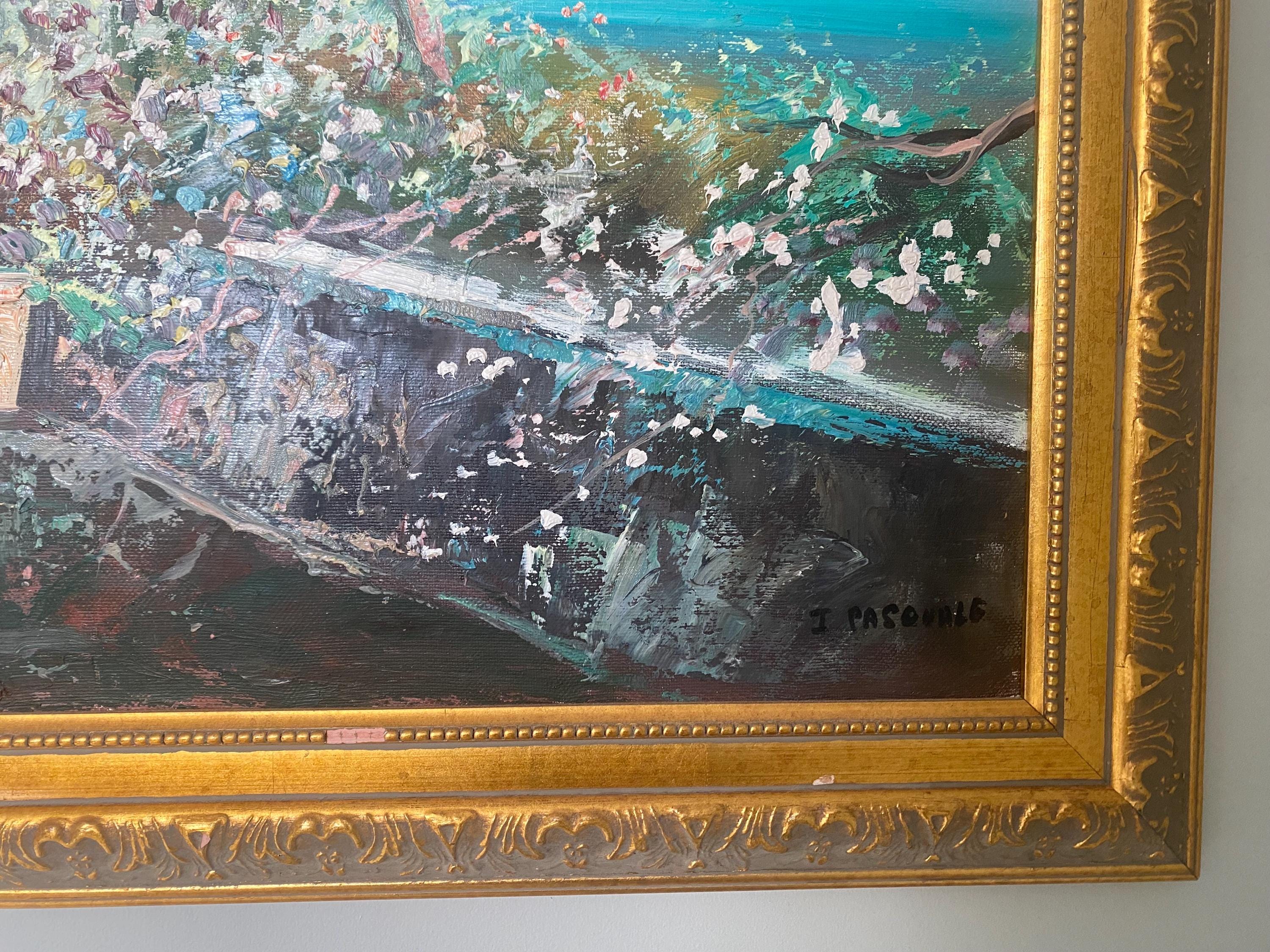 Vintage Italian Riviera Oil Painting, Mediterranean Seascape, Gold Frame, 36x48