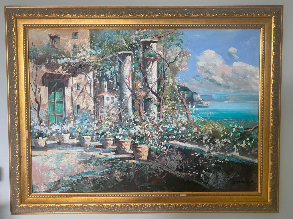 Vintage Italian Riviera Oil Painting, Mediterranean Seascape, Gold Frame, 36x48