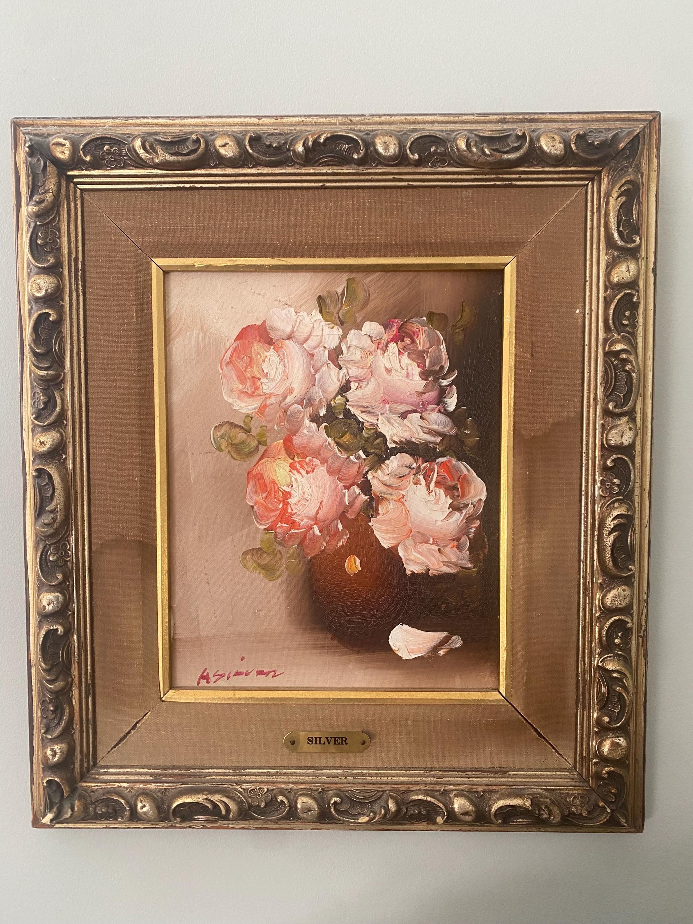 Vintage Floral Oil Painting, Roses Still Life, Ornate Gold Frame, Cottage Wall Art