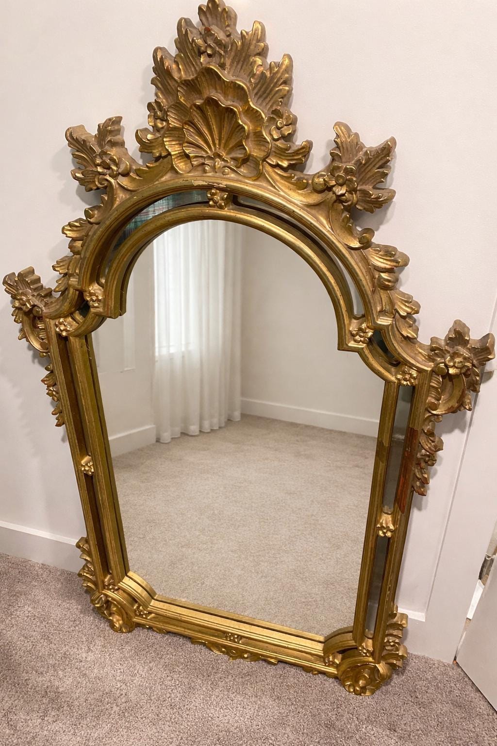Antique French Rococo Revival Giltwood Mirror, Arched Crest, Late 19th Century